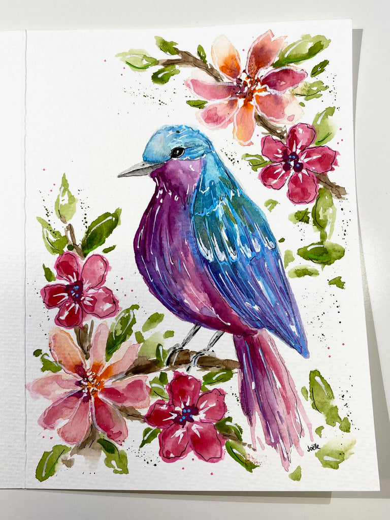 Carte à l'aquarelle originale #033 Oiseau bleu et rose-lilas, fleurs rose-coreil