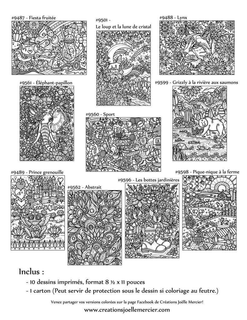 Pochette #43 - 10 dessins - Coloriage de relaxation - Animaux, sport, fleurs...