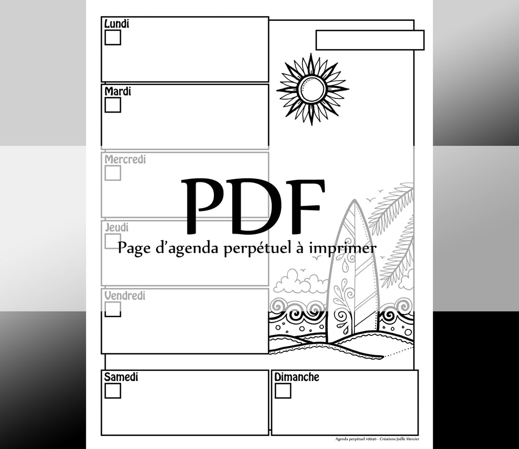 Page #0040 Agenda perpétuel - Téléchargement instantané - PDF à imprimer, SURF, plage, été, vacances
