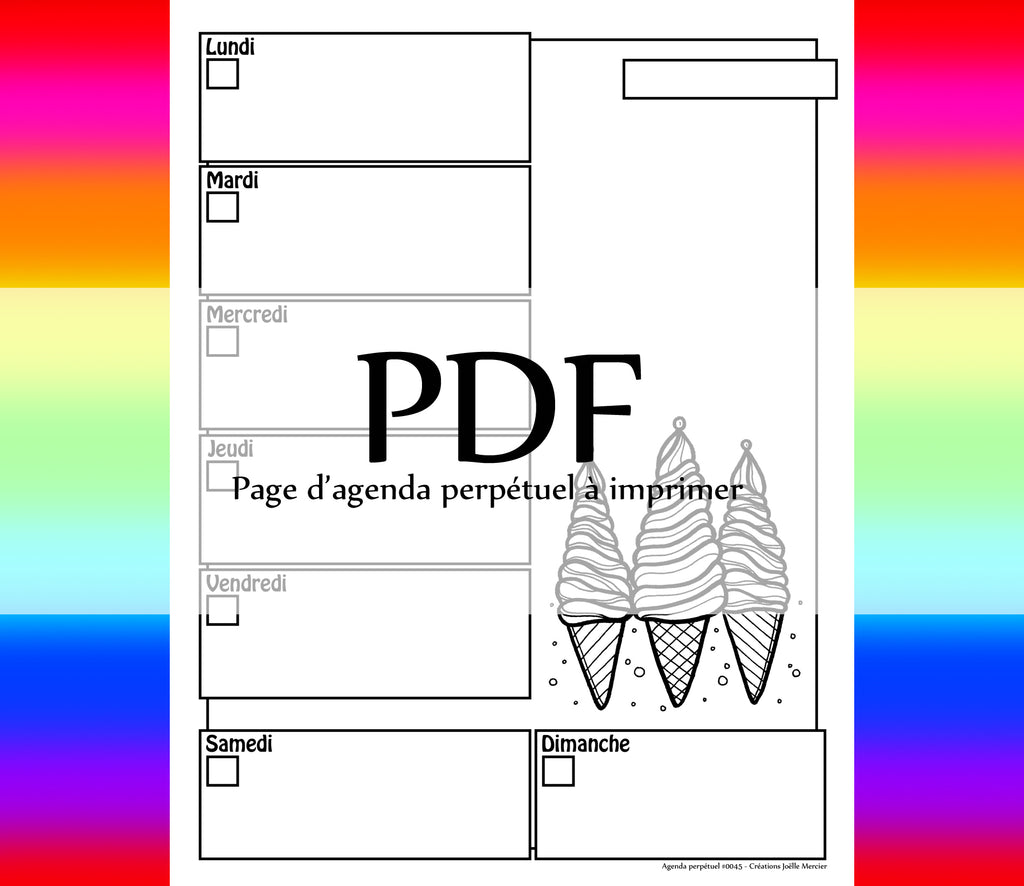Page #0045 Agenda perpétuel - Téléchargement instantané - PDF à imprimer, CORNETS DE CRÈME GLACÉE, été