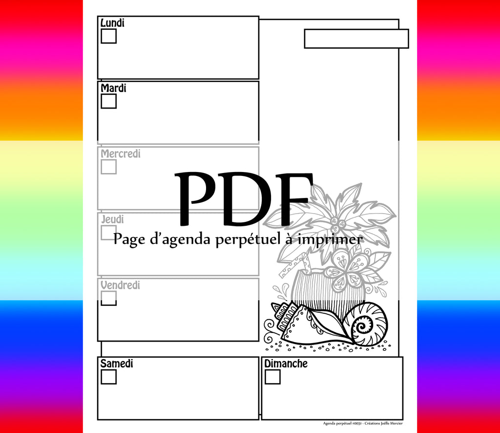 Page #0051 Agenda perpétuel - Téléchargement instantané - PDF à imprimer, COCKTAIL NOIX DE COCO, été, coquillage, palmier