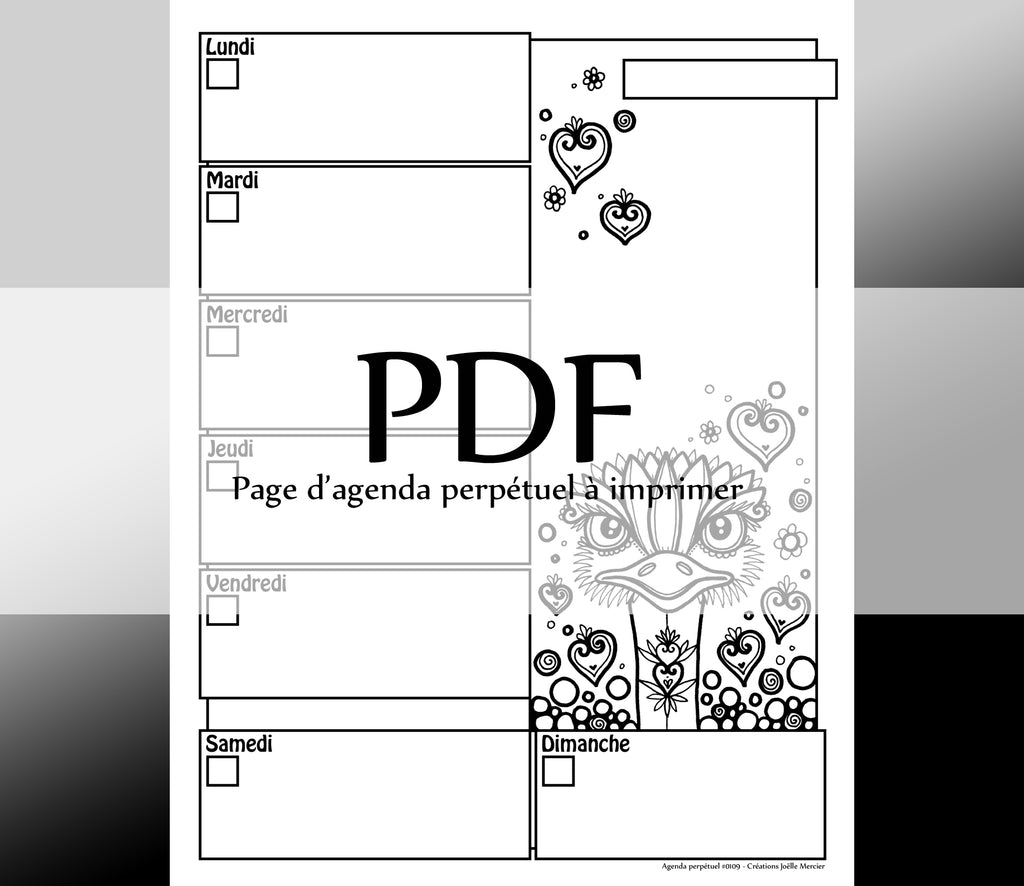 Page #0109 Agenda perpétuel - Téléchargement instantané - PDF à imprimer, AUTRUCHE, oiseau, coeurs