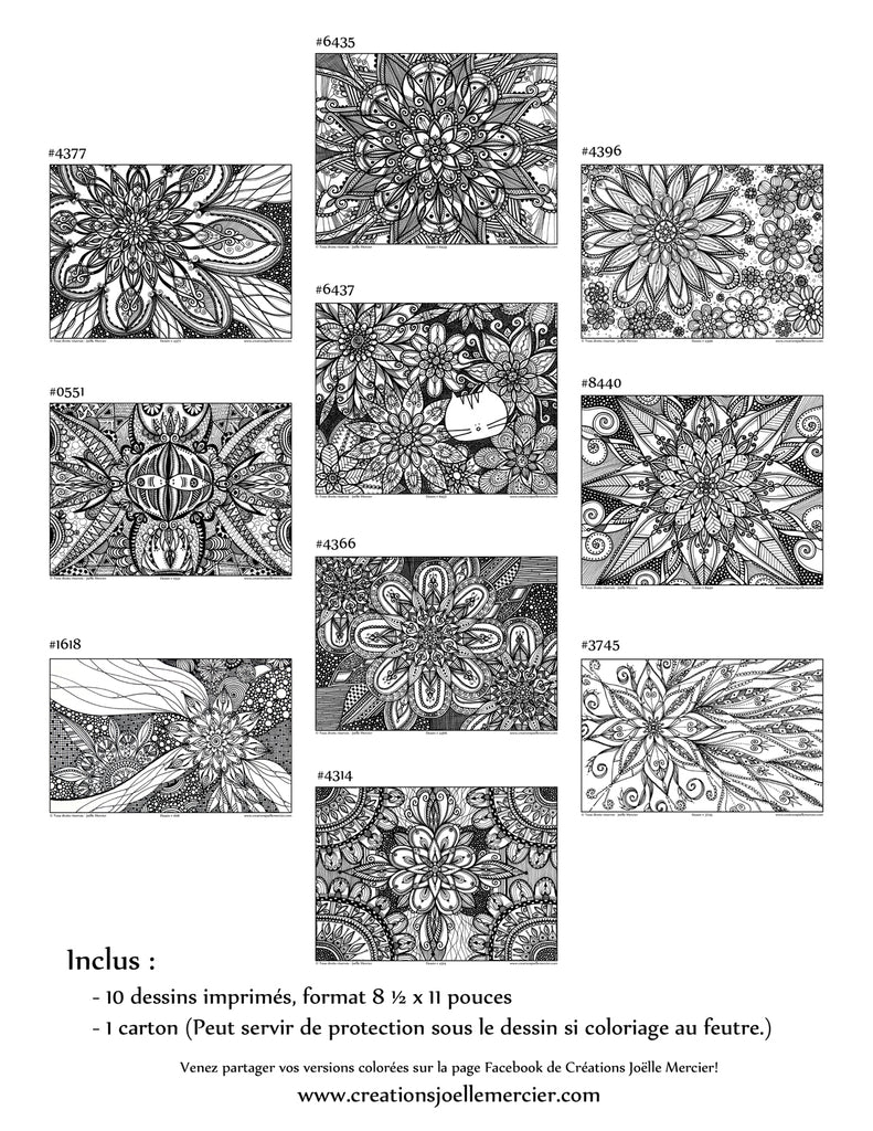 Pochette #1 - 10 dessins - Coloriage de relaxation, fleurs, mandala