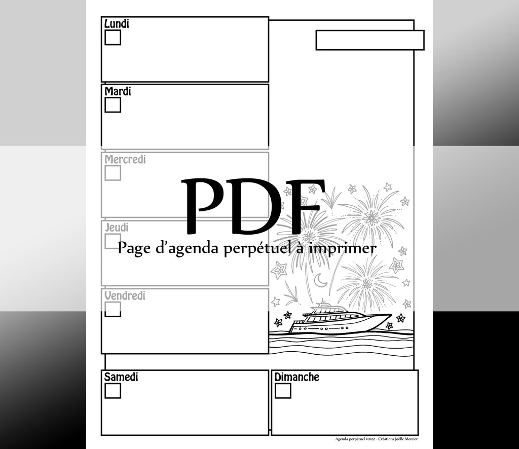 Page #0122 Agenda perpétuel - Téléchargement instantané - PDF à imprimer, FEUX D'ARTIFICES, bateau