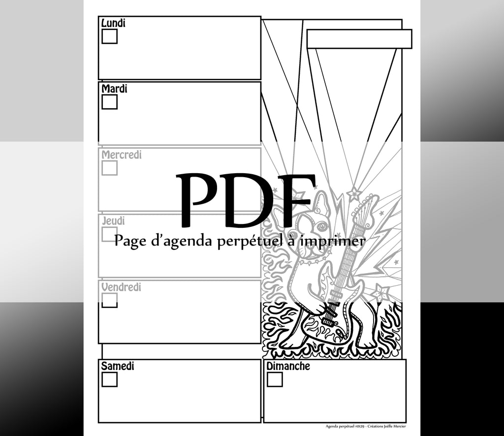 Page #0129 Agenda perpétuel - Téléchargement instantané - PDF à imprimer, ROCKY, chien, guitare électrique, musique