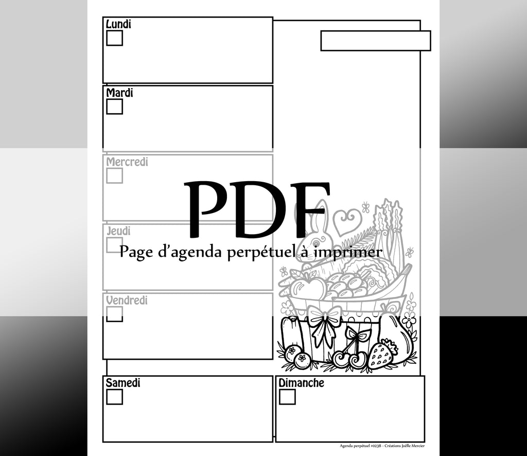 Page #0238 Agenda perpétuel - Téléchargement instantané - PDF à imprimer, LAPIN ET SON PANIER DE FRUITS ET LÉGUMES