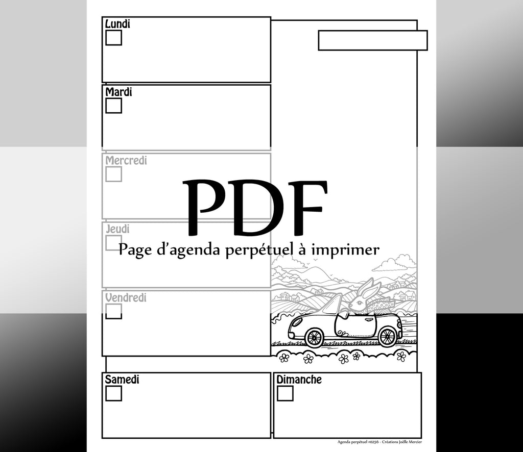 Page #0256 Agenda perpétuel - Téléchargement instantané - PDF à imprimer, ROAD TRIP EN DÉCAPOTABLE, été, lapin