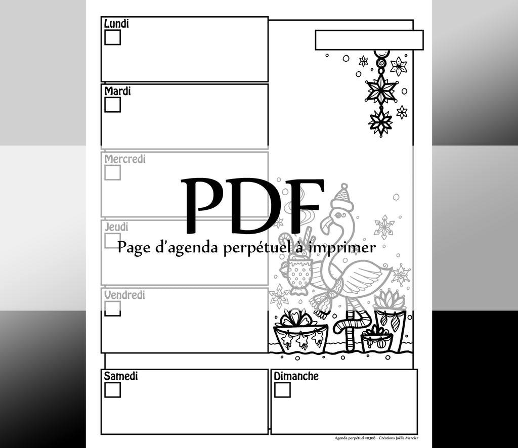 Page #0308 Agenda perpétuel - Téléchargement instantané - PDF à imprimer, FLAMANT ROSE ET CHOCOLAT CHAUD, Noël