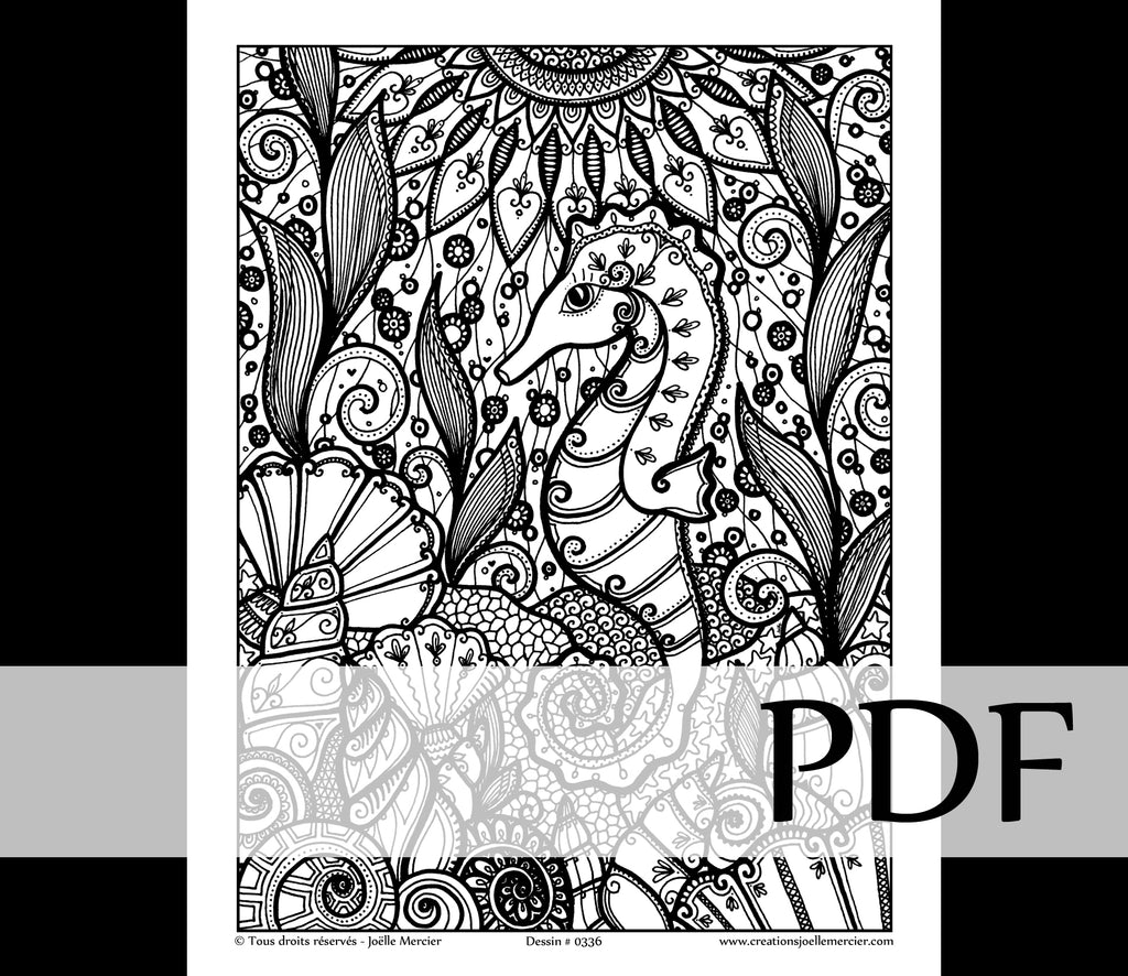 Téléchargement instantané - PDF à imprimer et colorier - Hippocampe #0336