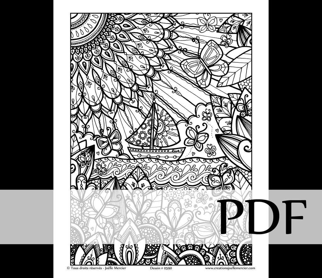 Téléchargement instantané - PDF à imprimer et colorier - Voilier et papillons #0590