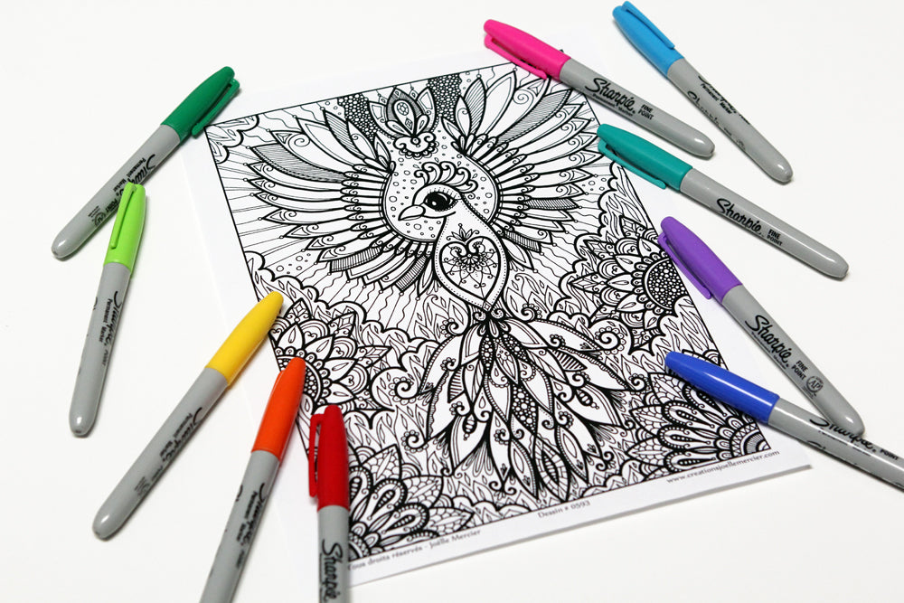 Dessin #0593 Mandala à colorier imprimé sur carton, oiseau de feu, PHÉNIX, phoenix