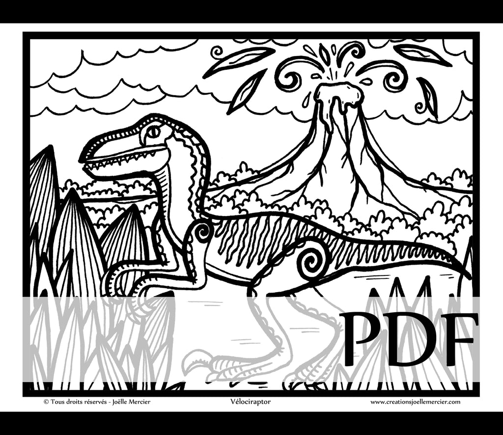 Téléchargement instantané - PDF à imprimer et colorier - Dessin pour enfant - VÉLOCIRAPTOR, dinosaure