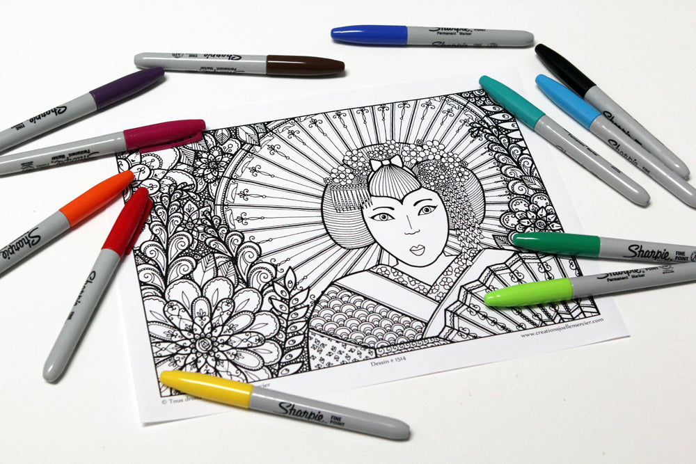 Dessin #1514 Mandala à colorier imprimé sur carton, femme, Japon, GEISHA
