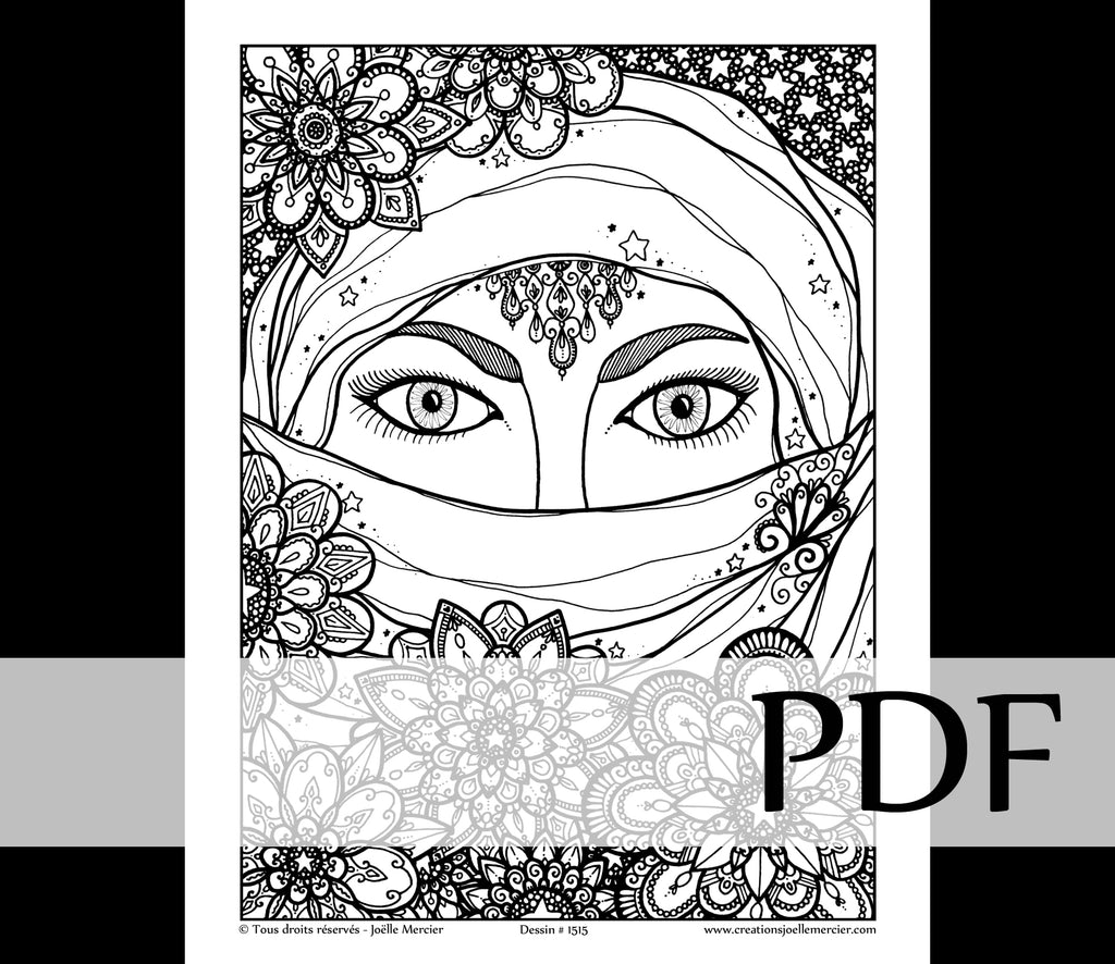 Téléchargement instantané - PDF à imprimer et colorier - Femme voilée #1515