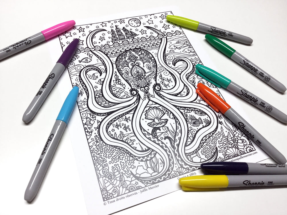 Dessin #2865 Mandala à colorier imprimé sur carton, pieuvre, océan, KRAKEN