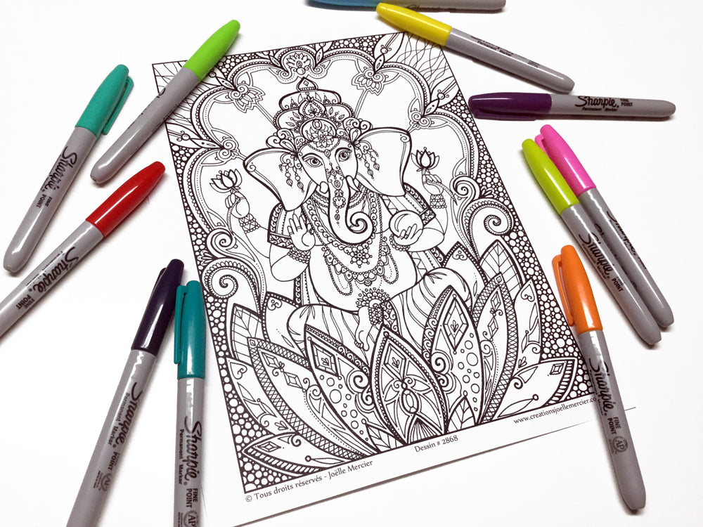 Dessin #2868 Mandala à colorier imprimé sur carton, divinité Hindou, éléphant, GANESH