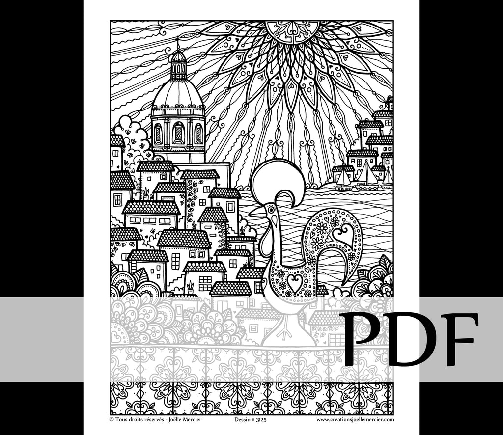 Téléchargement instantané - PDF à imprimer et colorier - Coq de Barcelos, Portugal #3125