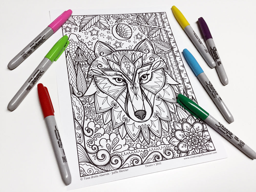 Dessin #3602 Mandala à colorier imprimé sur carton, animal, LOUP