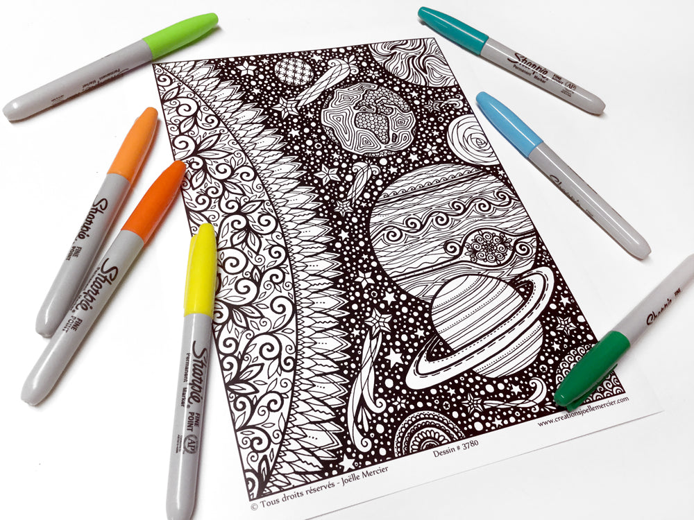 Dessin #3780 Mandala à colorier imprimé sur carton, espace, planètes, SYSTÈME SOLAIRE
