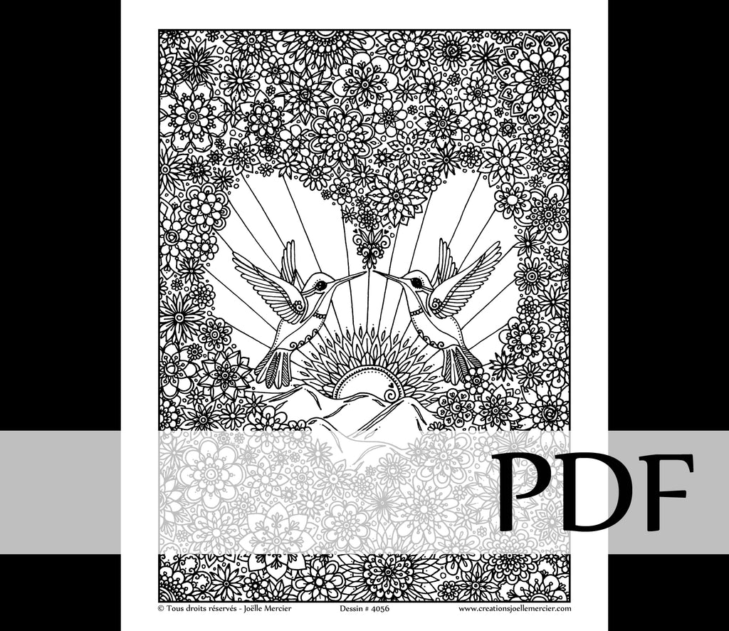 Téléchargement instantané - PDF à imprimer et colorier - Coeurs et colibris #4056