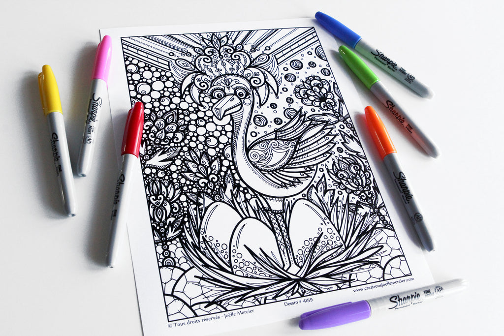 Dessin #4159 Mandala à colorier imprimé sur carton, oiseau, drôle, farfelu, FLAMANTRUCHE