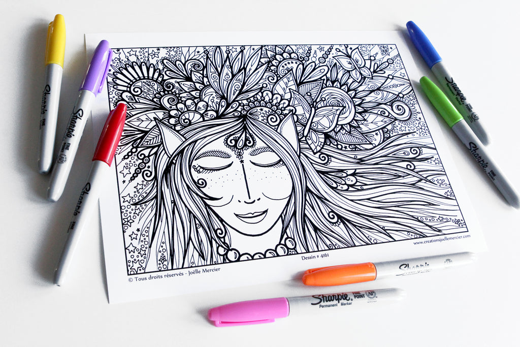 Dessin #4161 Mandala à colorier imprimé sur carton, femme, ELFE DE LA NUIT