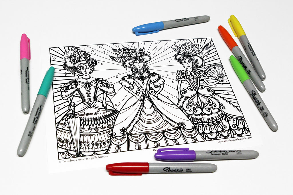 Dessin #4243 Mandala à colorier imprimé sur carton, femmes, mode, LES BELLES DU 19e SIÈCLE