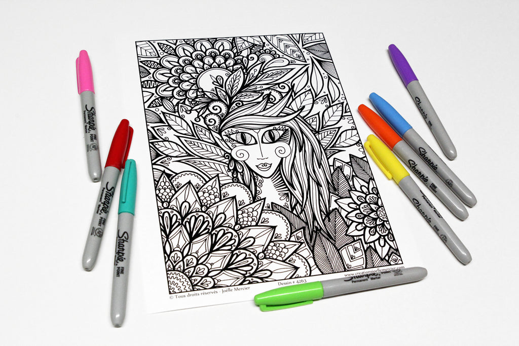 Dessin #4263 Mandala à colorier imprimé sur carton, femme, ELFE SYLVESTRE