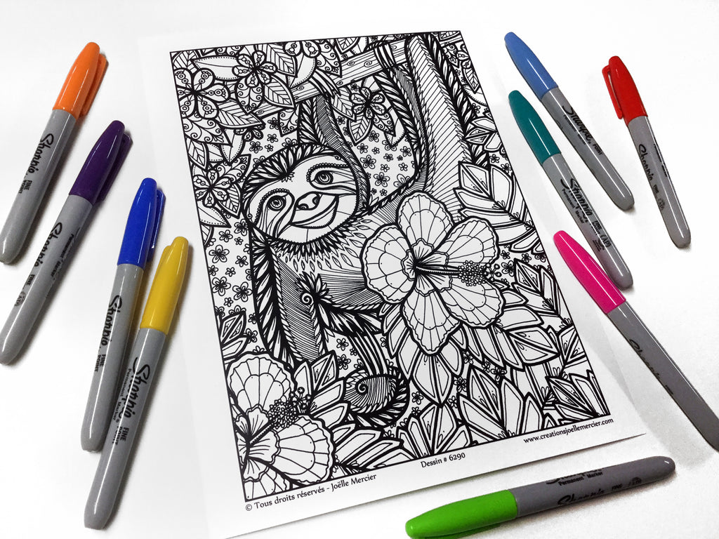 Dessin #6290 Mandala à colorier imprimé sur carton, PARESSEUX et Hibiscus