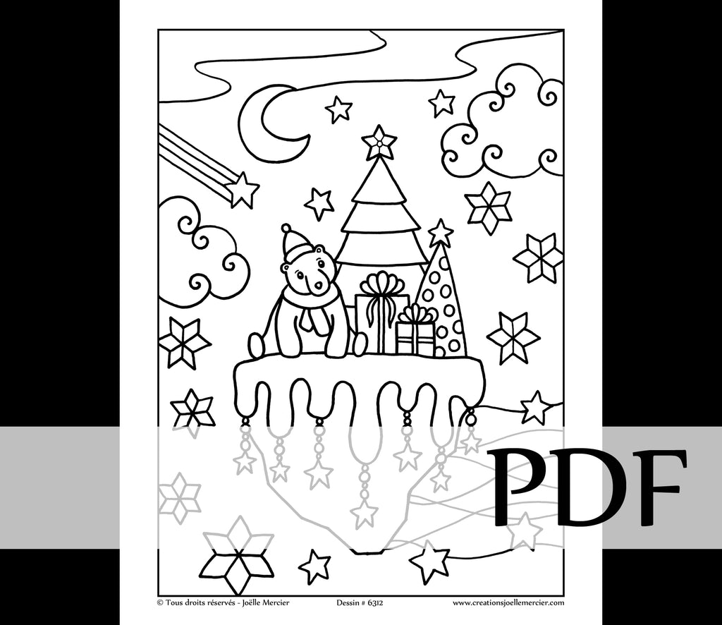 Téléchargement instantané - PDF à imprimer et colorier - Dessin pour enfant - OURS de NOËL