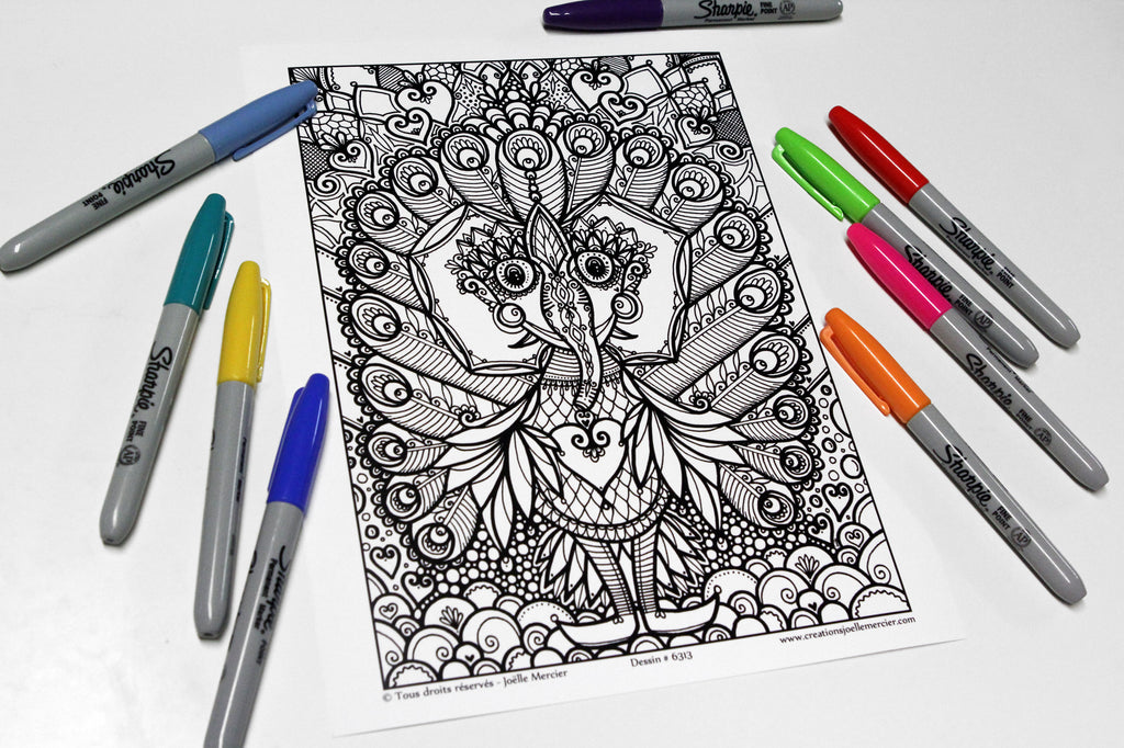 Dessin #6313 Mandala à colorier imprimé sur carton, ÉLÉPHANT-PAON, créature farfelue