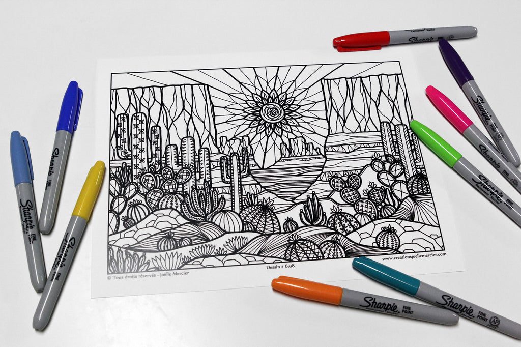 Dessin #6318 Mandala à colorier imprimé sur carton, DÉSERT DE L'ARIZONA, cactus