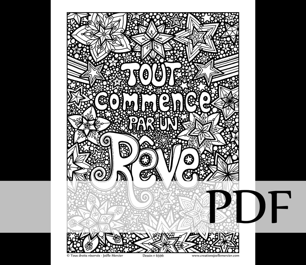 Téléchargement instantané - PDF à imprimer et colorier - TOUT COMMENCE PAR UN RÊVE #6596