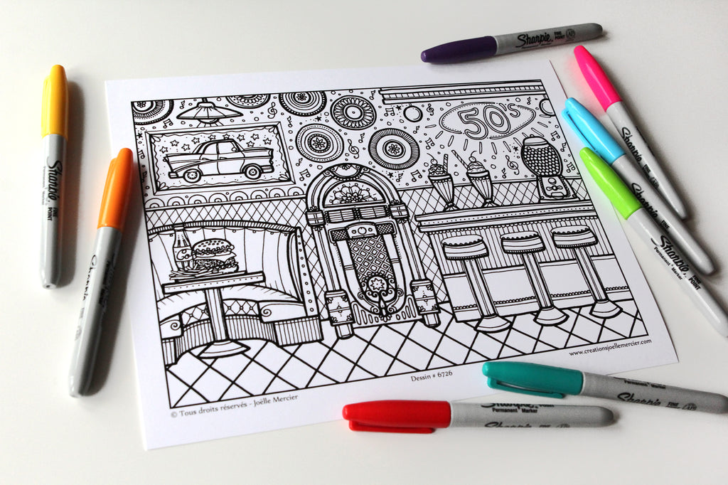 Pochette #26 - 10 dessins - Coloriage de relaxation - Ratons laveurs, méduses, chats, avion, fruits...