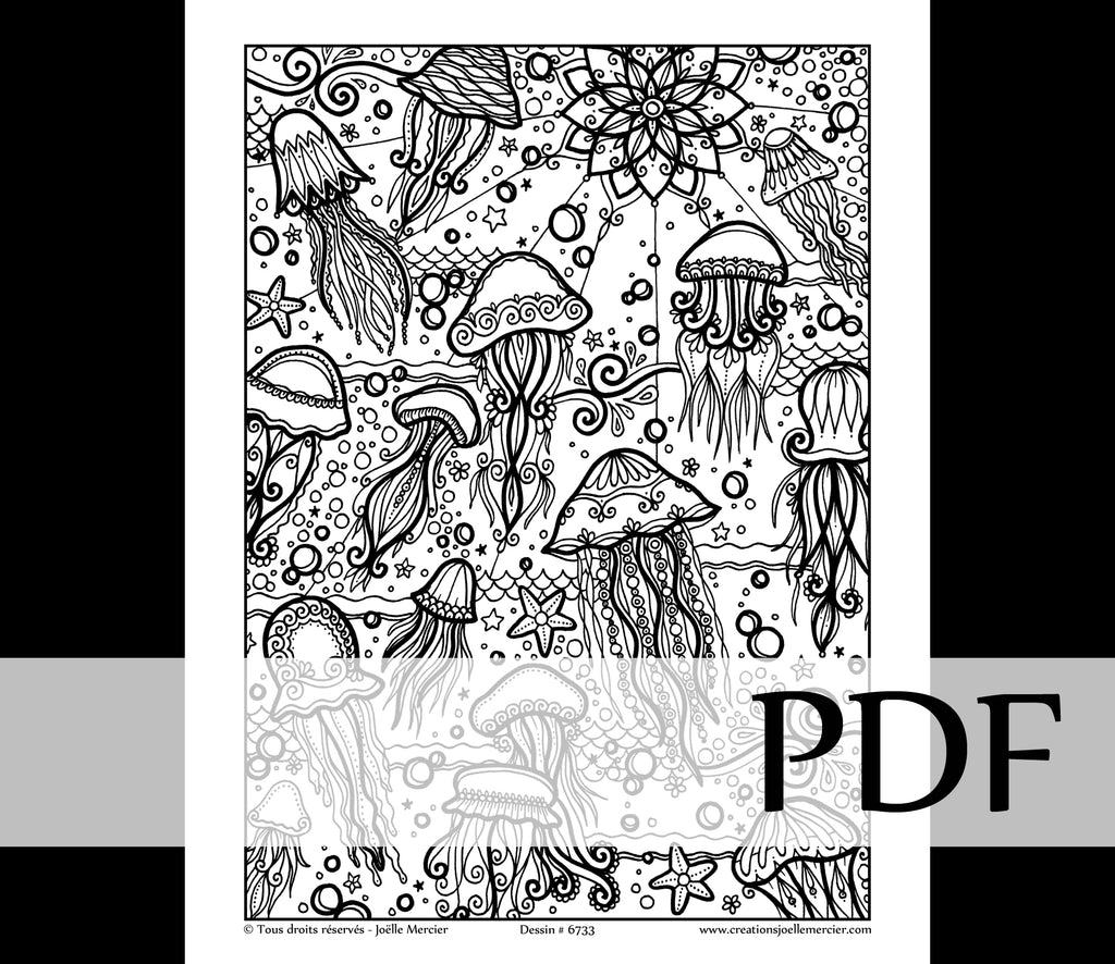 Téléchargement instantané - PDF à imprimer et colorier - BANC DE MÉDUSES #6733