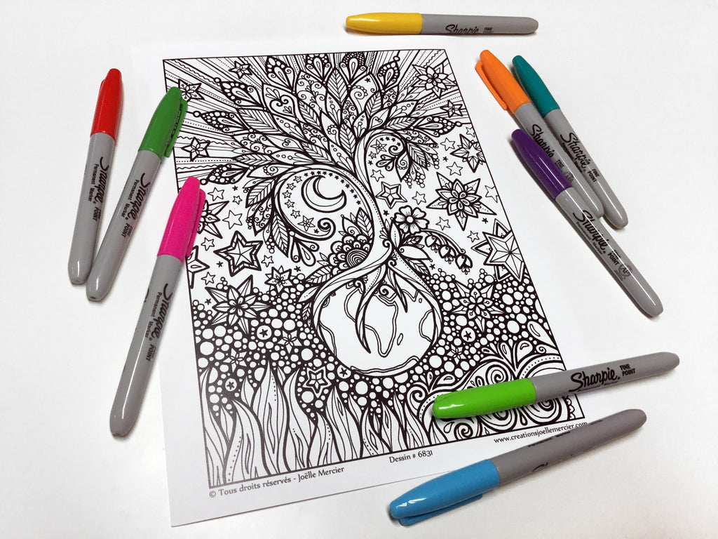 Dessin #6831 Mandala à colorier imprimé sur carton, RENAISSANCE, Terre, arbre, vie