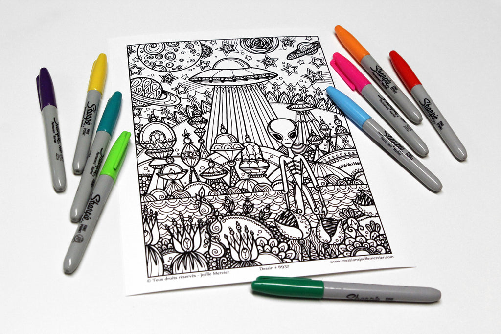 Dessin #6932 Mandala à colorier imprimé sur carton, ALIEN, ovni, extraterrestre, espace