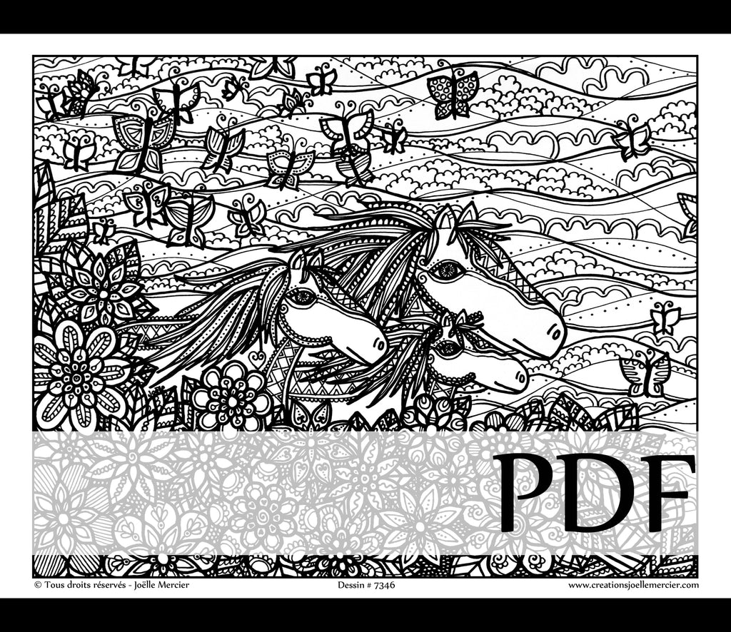 Téléchargement instantané - PDF à imprimer et colorier - 3 chevaux dans la prairie #7346