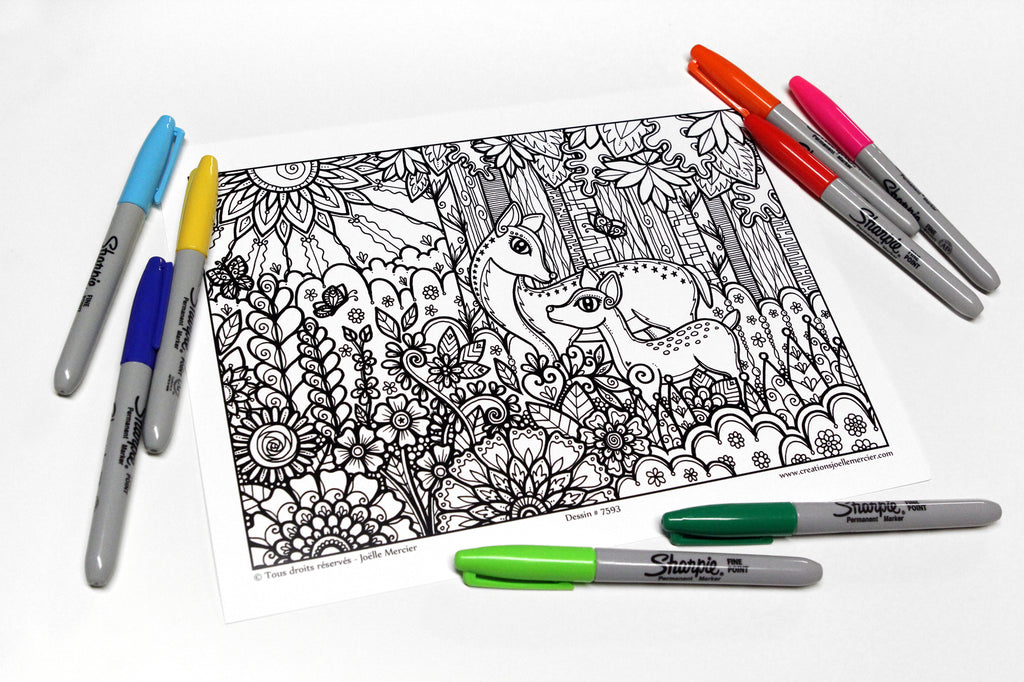 Dessin #7593 Mandala à colorier imprimé sur carton, CHEVREUILS, Biche et son petit, cerfs, faon