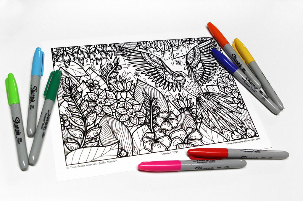 Dessin #7594 Mandala à colorier imprimé sur carton, PERROQUET EN VOL, oiseau, fleurs tropicales