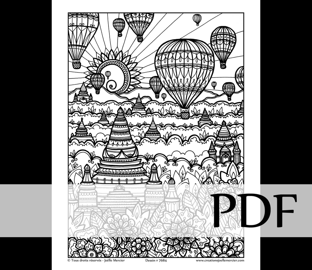 Téléchargement instantané - PDF à imprimer et colorier - MONTGOLFIÈRES À BAGAN #7684