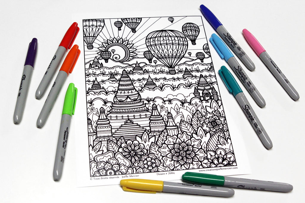 Dessin #7684 Mandala à colorier imprimé sur carton, MONTGOLFIÈRES À BAGAN, Birmanie