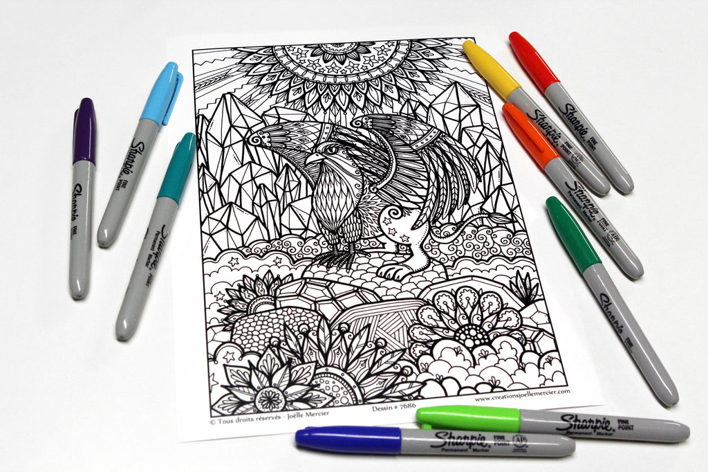 Dessin #7686 Mandala à colorier imprimé sur carton, GRIFFON, créature fantastique mi-aigle, mi-lion