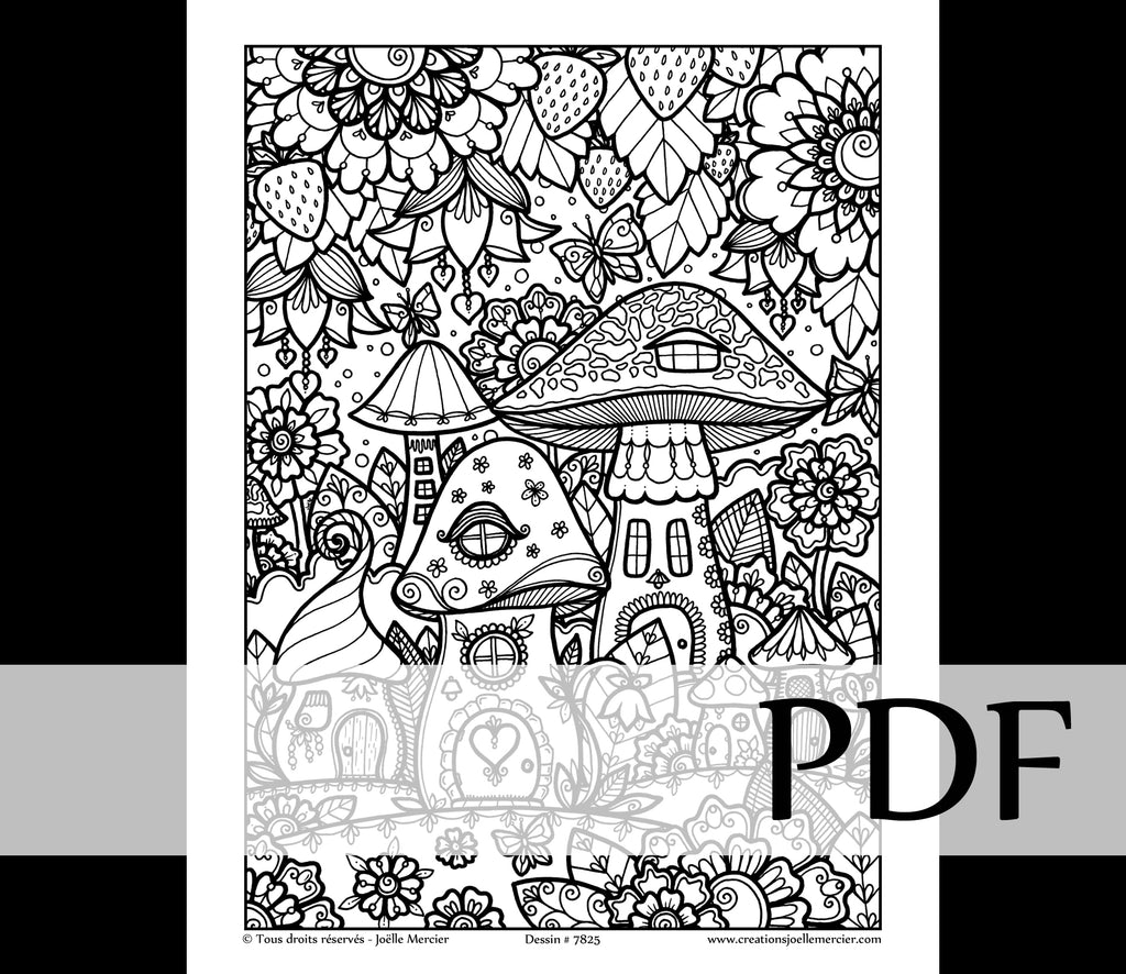Téléchargement instantané - PDF à imprimer et colorier - VILLAGE DE CHAMPIGNONS #7825