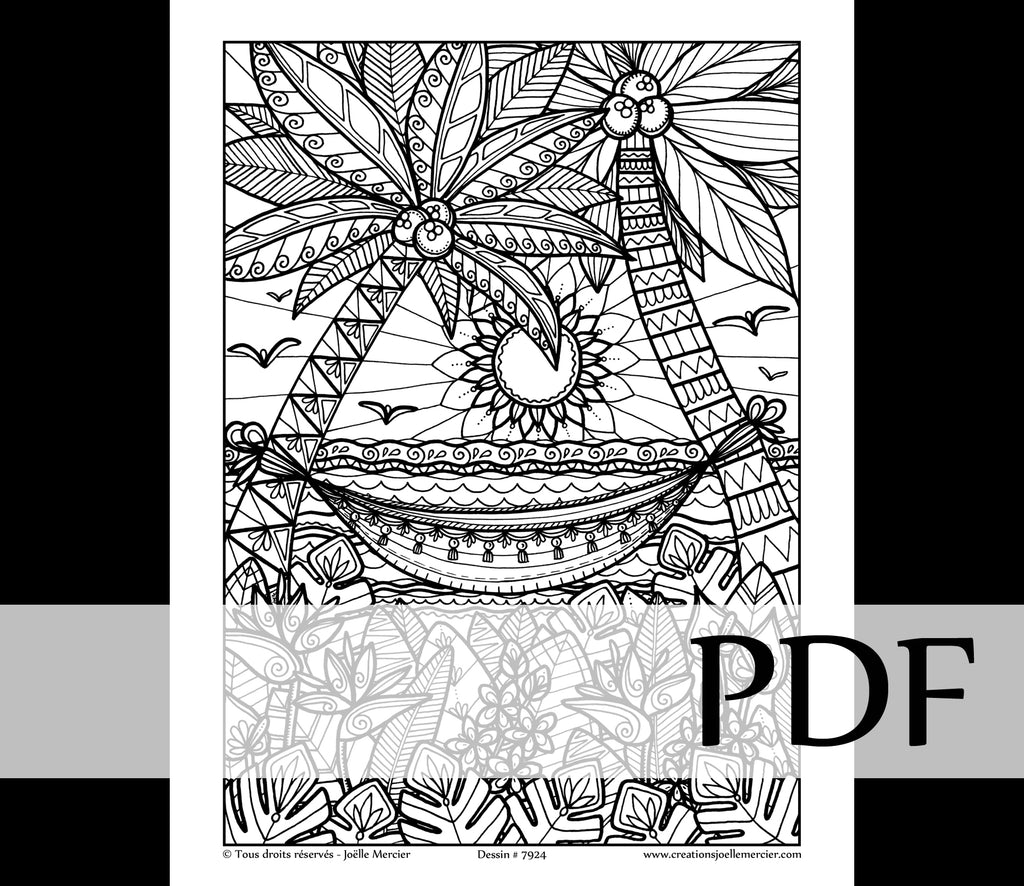 Téléchargement instantané - PDF à imprimer et colorier - HAMAC SOUS LES PALMIERS #7924