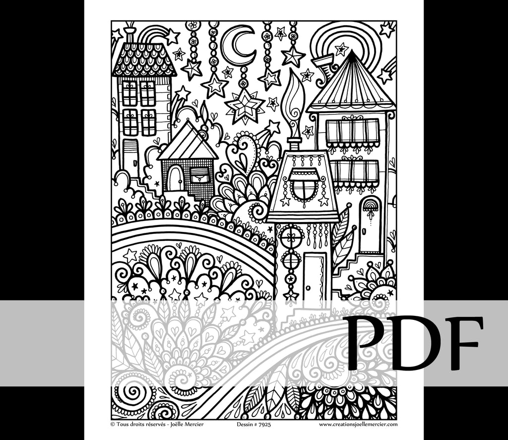 Téléchargement instantané - PDF à imprimer et colorier - CONTRÉE ENCHANTÉE #7925, maisons