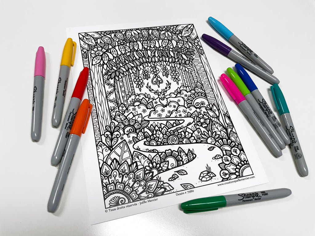 Dessin #7980 Mandala à colorier imprimé sur carton, RENCONTRE DANS LE SENTIER, forêt, cerf