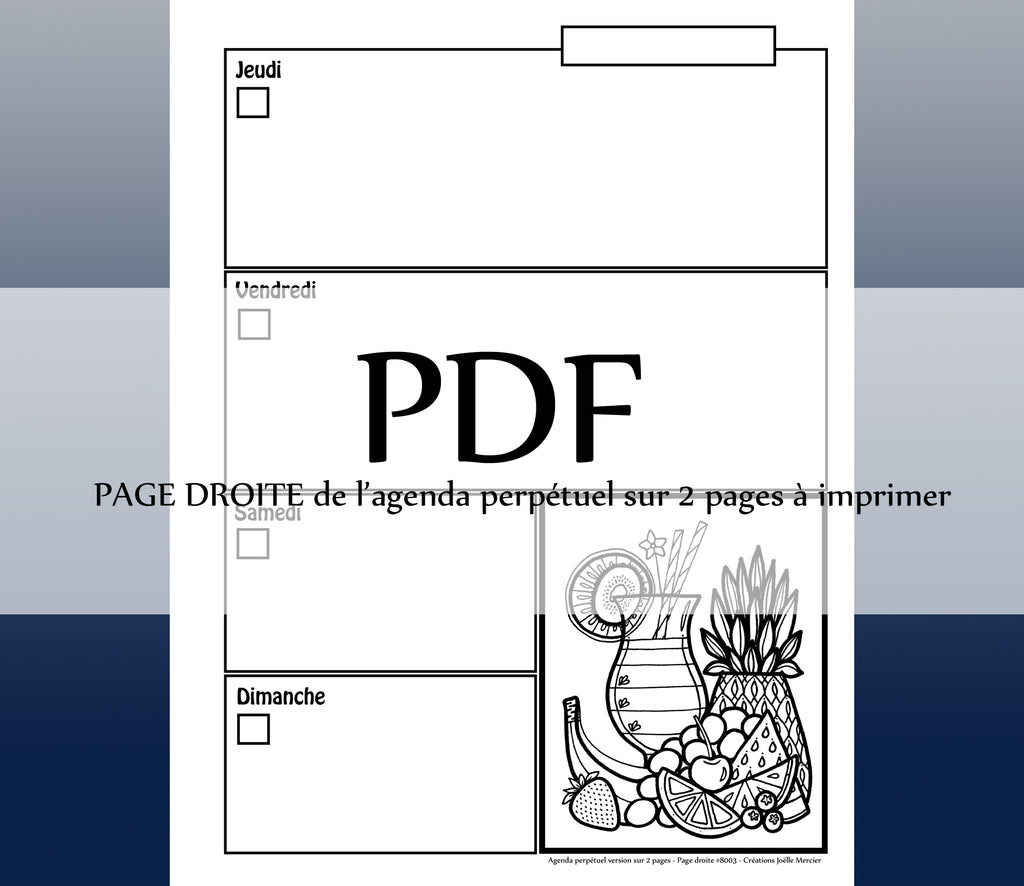 Page DROITE #8003 - Agenda perpétuel sur 2 pages - Téléchargement instantané - PDF à imprimer, JUS DE FRUITS