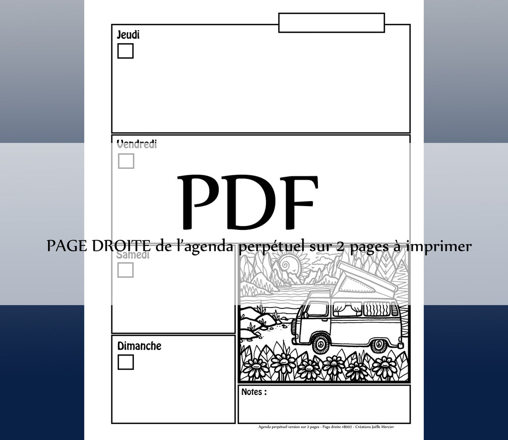 Page DROITE #8007 - Agenda perpétuel sur 2 pages - Téléchargement instantané - PDF à imprimer, WESTFALIA AU BORD DU LAC