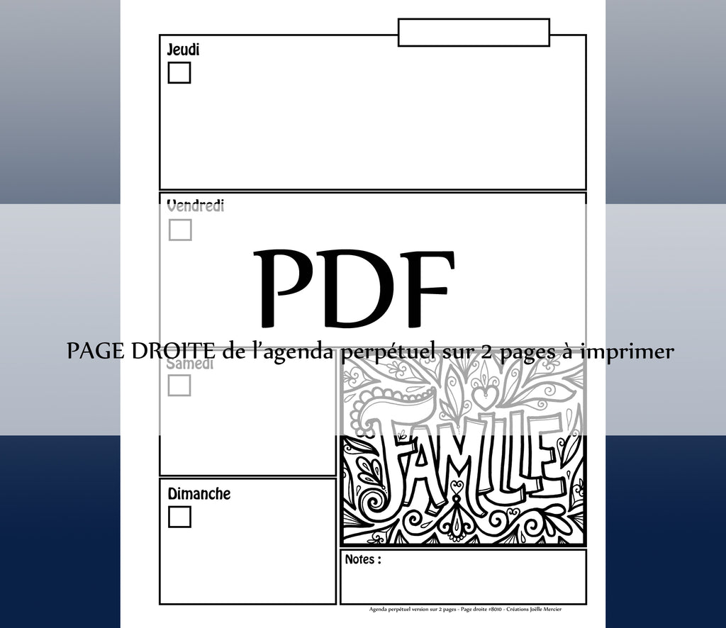 Page DROITE #8010 - Agenda perpétuel sur 2 pages - Téléchargement instantané - PDF à imprimer, FAMILLE